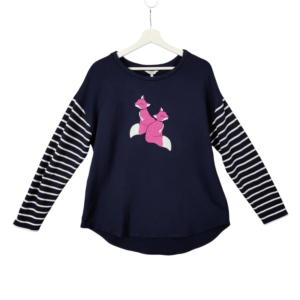 Crown & Ivy Womens‎ 1X Navy Animal Fox Sequin Striped Sleeve Sweatshirt Nautical